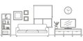 Living room interior outline sketch. Line style furniture: sofa, bookshelf, TV shelf, flowerpot, pictures on the wall. Vector. Royalty Free Stock Photo